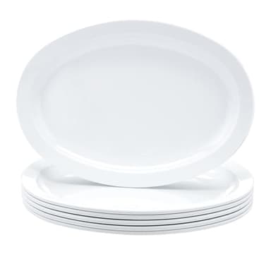 Amazon Basics Melamine (Plastic )Oval Platter Narrow Rim, 6 Piece Set, 13 in x 9.75 in, White