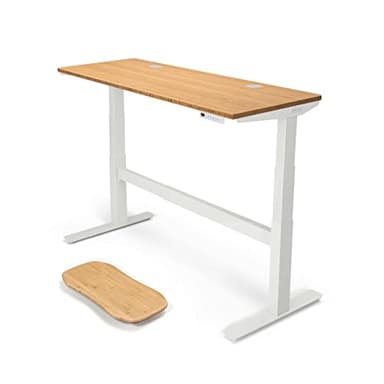 Uplift Desk Bamboo (60 x 24 inch) Standing Desk 2-Leg V2-Commercial Adjustable Stand Up C-Frame (White), Advanced Keypad, Wire Grommets, Wire Tray, Rocker Board