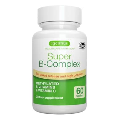 Igennus Super B-Complex Methylated B Vitamins, All Day Nutrient Delivery, Clean Label, MTHFR Supplement with Methylfolate & B12 Methylcobalamin, Vegan, Lab Verified, 60 Small Tablets