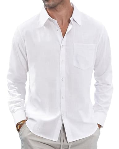 J.VER Men's Long Sleeve Linen Cotton Shirts Casual Button Down Shirt Summer Beach Tops with Pocket White Large