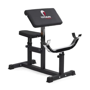 Titan Fitness Adjustable Preacher Curl Weight Station, 250 LB Capacity, Adjustable Bench Seat, Adjustable Arm Rest, Durable Bar Catches, Seated Home Gym Barbell and Dumbbell Biceps Station