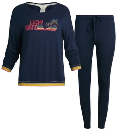 Lucky Brand Women’s Pajama Set – Hacci Knit Long Sleeve Top and Sleepwear Joggers (S-XL), Blue Iris, Large
