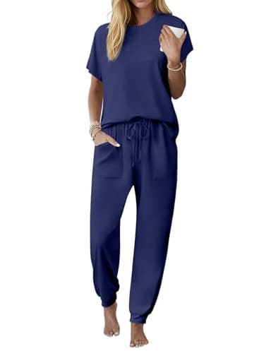 Ekouaer Womens Pajama Sets Short Sleeve Pj Top With Jogger Pants Cotton Pajamas 2 Piece Lounge Set with Pocket Navy Blue XL