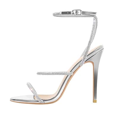 richealnini Rhinestones Ankle Strappy Sandals for Women Gladiator High Heels Crystal Buckle Up Sexy Stilettos Open Peep Toe Slingback Backless Sparkle Mid Heeled Club Bridal Dress Shoes Silver Size 9