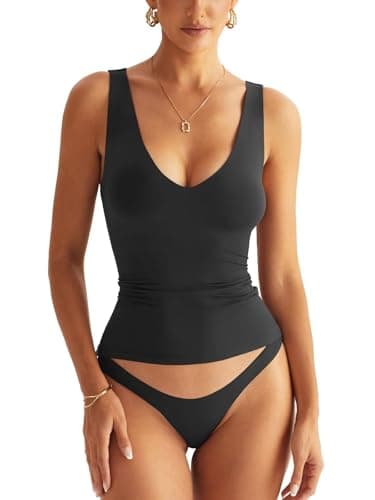 EasyGala Womens V Neck Tank Tops Sleeveless Double Lined Basic Tops Slim Fit Summer Going Out Tops Y2K Trendy Fashion Black