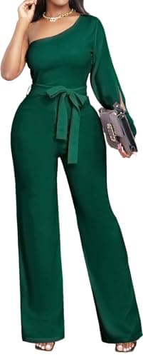 Green Jumpsuits for Women Dressy Sexy Elegant One Shoulder Slit Long Sleeve Straight Pants Jumpsuit with Zipper(X-Large)