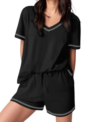 Ekouaer Womens Pajamas Sets Soft 100% Cotton Pjs Short Sleeve Lounge Sets Casual Two Piece Pjs With Pockets Black L