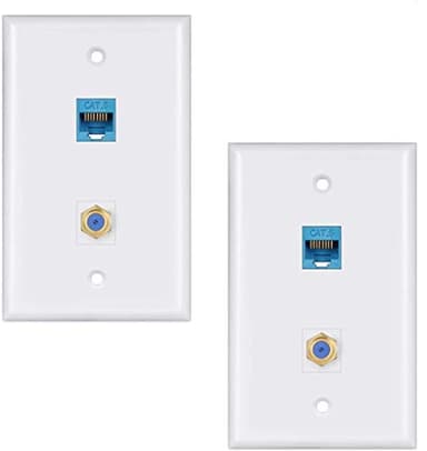 Ethernet Coax Wall Plate 2Pack,1 Cat6 Ethernet Port and 1 Gold-Plated Cable TV Coax F Type Port Wall Plate (White)