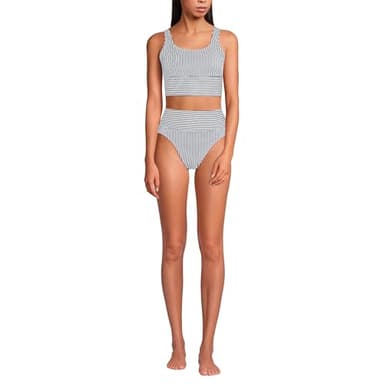 Lands' End Women's Tugless Midkini Top and High Waisted Bottom Swimsuit Set Large Deep Sea Navy Mini Stripe
