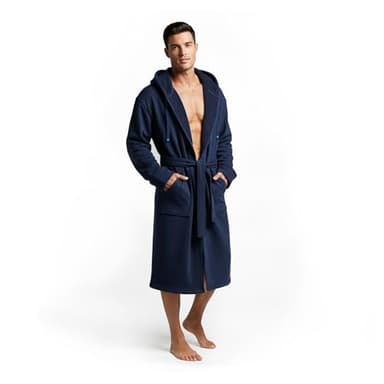 DudeRobe Men's Robe – Hooded TERRY Bath Robe for Men with Pockets | Soft, Comfy Men’s Bathrobe from Shark Tank | Absorbent Cotton Hooded Robes for After Shower, Lounging, Gym & More, Navy Blue, L/XL
