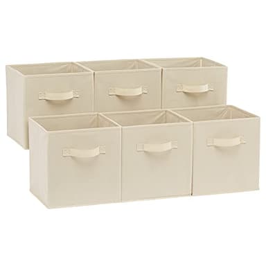 Amazon Basics Collapsible Fabric Storage Cubes Organizer with Handles, Sturdy, Beige, 10.5-x-10.5-x-11-inch, Pack of 6
