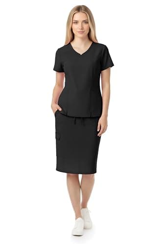 MediChic Women’s Premium Medical Uniform Skirt Set – V-Neck Scrub Top & Scrub Skirt, Soft Stretch Fabric, 4-Way Stretch, Lightweight Nursing Scrubs with 6 Pockets