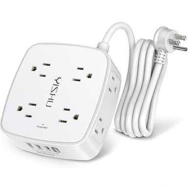 6 Ft Surge Protector Power Strip - 8 Widely Outlets with 4 USB Ports, 3 Side Outlet Extender with 6 Feet Extension Cord, Flat Plug, Wall Mount, Desk USB Charging Station, ETL,White