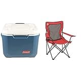 Coleman Portable Rolling Cooler | 50 Quart Xtreme 5 Day Cooler with Wheels | Wheeled Hard Cooler Keeps Ice Up to 5 Days and Coleman Broadband Mesh Quad Camping Chair, Cooling Mesh Back with Cup Holder, Adjustable Arm Heights, & Carry Bag; Supports up to 250lbs