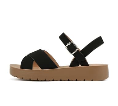 Soda Shoes Women Flat Sandals Flatform Ankle Buckle Criss Cross Band Straps Chester-S Black 6