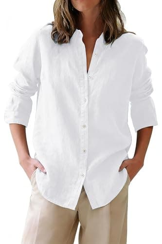 siliteelon Button Down Shirts for Women Oxford Shirt Cotton Dress Shirts Collared Long Sleeve Wrinkle Free Blouse Tops-White S