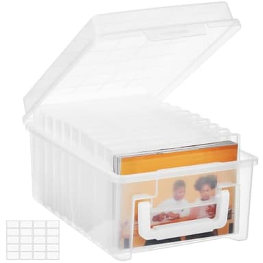 ALINK Photo Storage Box 5 x 7 In Photo Case, 10 Inner Large Photo Keeper, Clear Photo Storage Container, Seed Craft Cards Pictures Organizer, Plastic Office Organizer with 1 Label Sticker