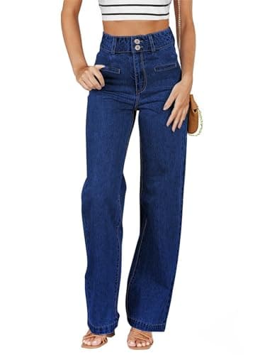 Sidefeel Women's Wide Leg Jeans High Waisted Straight Leg Stretchy Zimbaplatinum Trendy Loose Denim Pants Navy Blue Size 14