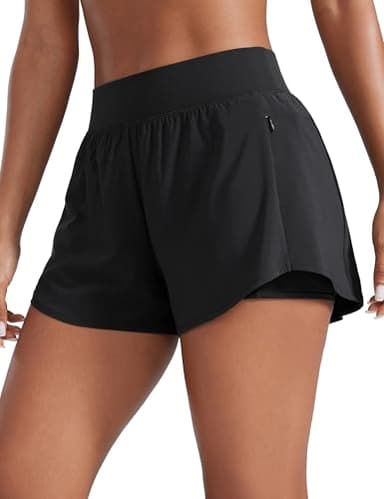 CRZ YOGA Double Layer Running Shorts for Women 3" High Waisted 2 in 1 for Athletic Tennis Workout with Zip Pockets Black Medium