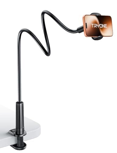Tryone Gooseneck Phone Holder Hands-Free for Phone Viewing Or Recording, Adjustable Stable Metal Cell Stand Mount for Desk Table Bed, Soporte para Celular, Fits 4-7 Phones Including iPhone - Black