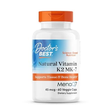 Doctor's Best Natural Vitamin K2 MK7 Supplement for Men & Women - Bone Health Support, 45 mcg Vitamin K-2 MK-7 Capsules with MenaQ7, Calcium Support, Non GMO, Vegan - 60 Veg Caps