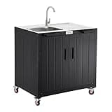 FEASTO Freestanding Grill Cart with Sink and Cabinet, Movable Outdoor Cart Table with 304 Stainless Steel Sink, Outdoor Grill Cart,Outdoor Cart Sink Station with Wheels, L35.4” x W24”