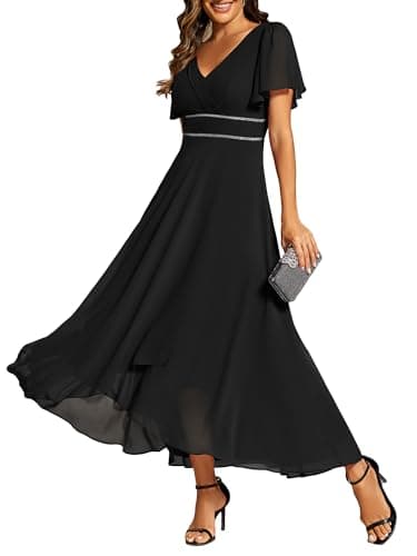 Ever-Pretty Empire Waist Formal Dress for Women V-Neck Chiffon Mother of the Bride Dresses Wedding Guest Gown Black US10