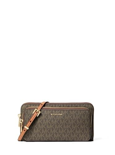 Michael Kors Jet Set Large Continental Crossbody Wallet, Gold-Tone Hardware/MK Signature Coated Twill/Brown/Acorn