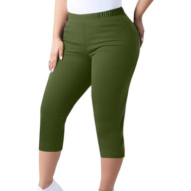 TANGNADE Women Capri Pants Plus Size Stretch Knee Length Leggings Elastic Waist Casual Summer Ladies Pull On Capris Army Green Plus Size Womens Capris M