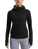 CRZ YOGA Womens Fleece Full Zip Hoodie Jackets Workout Hooded Zipper Basic Casual Sweatshirts with Thumb Holes Black Medium