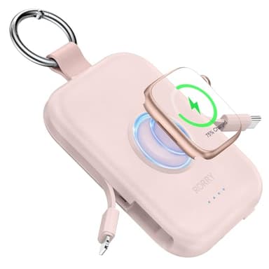 RORRY Portable Charger, 5000mAh Portable Charger Power Bank with Built-in Cables, Travel Keychain Battery Pack for Apple Watch Ultra/11/10/9/8/7/6/SE, iPhone Air/17/16/15/14/13/12, Pink