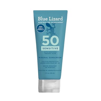 Blue Lizard SENSITIVE Mineral Sunscreen with Zinc Oxide, SPF 50+, Water Resistant, UVA/UVB Protection with Smart Cap Technology - Fragrance Free, 3 oz. Tube