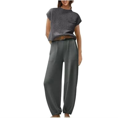 TANGNADE Womens Summer Outfits Women 2 Piece Outfits Sweatsuit Set Cropped Sweatshirt Twist Front Wide Leg Sweatpant Lounge Set Tracksuit Womens Trendy Clothes Gray S