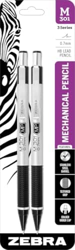Zebra Pen, M-301 Mechanical Pencil, 0.7mm Point, Stainless Steel Barrel, Textured Grip, Smooth Writing Performance, Refillable, STEEL Series, 2-Count, (54312)