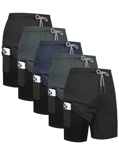 HOPLYNN 5 Pack Mens 2 in 1 Running Shorts with Liner, Quick Dry Workout Training Gym Athletic Sport Shorts with Pockets 2 Black 2 Gray 1 Blue Large
