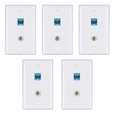 Ethernet Wall Plate,Cat6 Gold-Plated Cable TV Coax F Type Port Wallplate White (5Pack)
