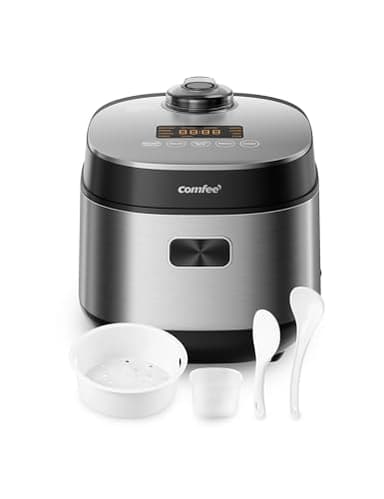 COMFEE' Compact Rice Cooker 8 Cups Cooked/4 Cups Uncooked, 9-in-1 Multi Cooker, Fast Rice Maker, Steam, Brown Rice, Grains, Fuzzy Logic Technology, Grey