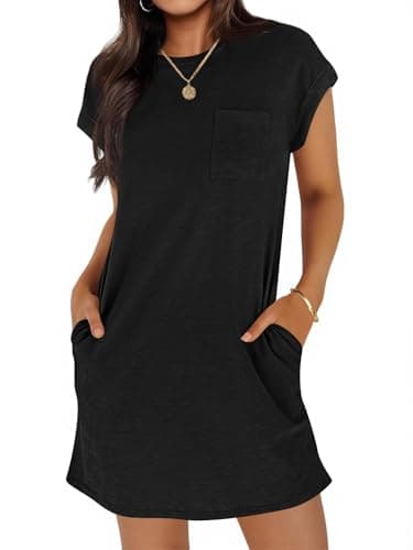 Wenrine Women's Summer T Shirt Dress Casual Short Sleeve Crewneck Loose Fit Mini Dresses with Pockets Black