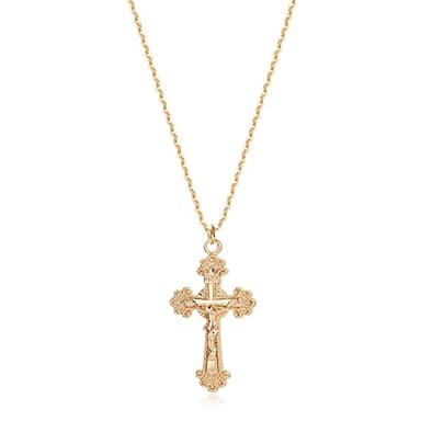 Fettero Crucifix Necklace Gold Faith Cross Pendant Vintage 14K Gold Plated Dainty Chain Minimalist Simple God Lords Prayer Religious Jewelry