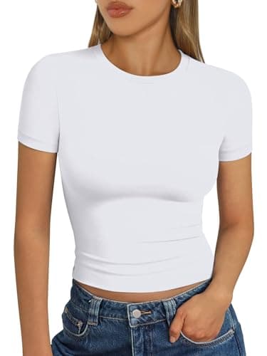 Trendy Queen Womens Short Sleeve T Shirts - Buttery Soft Summer Crop Tops Slim Fit Y2k Basic Tees for Workout White M