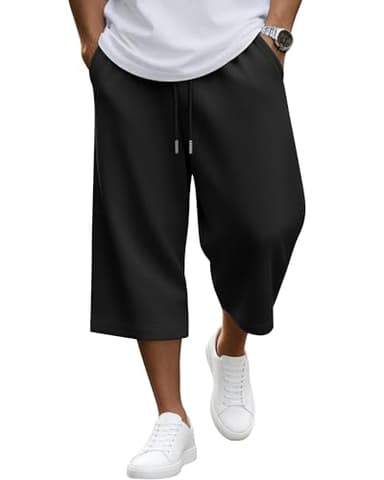 Velvelhall Men's Capri Pant Baggy Below Knee Summer Sweat Shorts Elastic Waist Athletic Casual Drawstring Pocketed 3/4 Pants(Black,Large)
