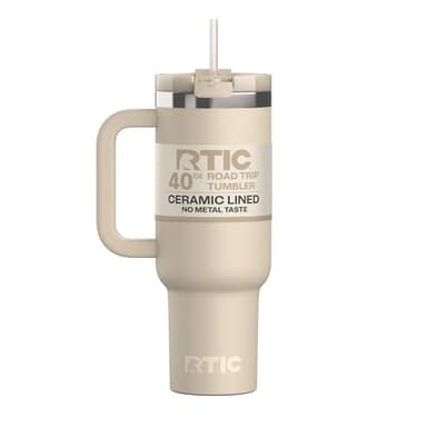 RTIC 40 oz Road Trip Tumbler Double-Walled Cermaic Lined Insulated Stainless Steel Portable Travel Coffee Mug Cup with Lid, Handle and Straw, Beach