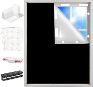 100% Blackout Window Cover Curtains for Bedroom 57x40Inch,No Drill,DIY Cut Portable Removable Black out Shades Blinds Cover for Baby Nursery,RV,Media Room,Hook&Loop Tape Straps Stickers,Magnetic Clips