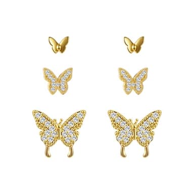 3 Pairs 14K Gold Plated 925 Sterling Silver Posts Bow Earrings for Women, Cubic Zirconia Butterfly Stud Earrings Hypoallergenic Fashion Jewelry Gifts for Women (3 Pairs Butterfly sets - gold)