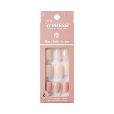 KISS imPRESS No Glue Mani Press On Nails, , 'Simple Pleasure', Nude, Short Size, Squoval Shape, Includes 30 Nails, Prep Pad, Instructions Sheet, 1 Manicure Stick, 1 Mini File