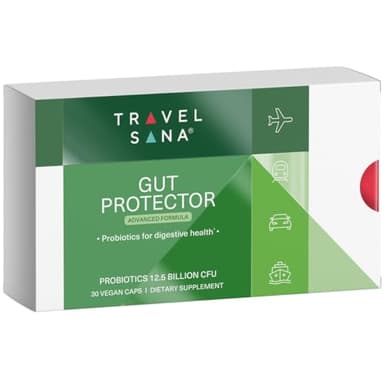 TRAVELSANA Travel Probiotics for Digestive Health, Immune Support & Occasional Traveler’s Diarrhea | Probiotics for Gut Health | Travel Essentials Supplement | Gut Protector | 30 Vegan Caps
