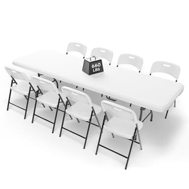 Ortus Collective 8FT Folding Table Set with 8 Folding Chairs, Heavy Duty 660 lbs Table & 600 lbs Chairs, Portable Folding Furniture Bundle for Camping, Party, Indoor & Outdoor Use