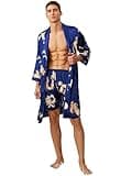 SOLY HUX Men's Long Sleeve Silk Sleepwear Satin Kimono Robe with Shorts Pajamas Set Royal Blue Printed XL