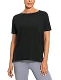 CRZ YOGA Women's Pima Cotton Short Sleeve Shirts Boat Neck Loose Fit Gym Workout T-Shirt Athletic Casual Tops Black Small