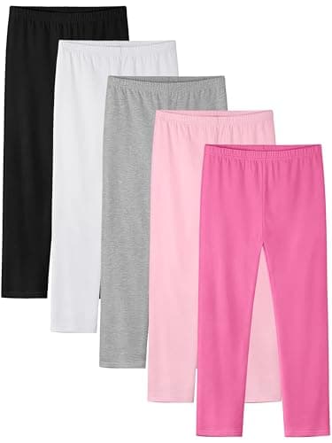 Cvaoo 5 Pack Girls Leggings Cotton Tights for Toddler Kids Stretchy Soft Yoga Pants Full Length Multipack Pull On Fall Winter Black, Light Rose Red, Heather Gray, White, Light Pink 7-8 Years